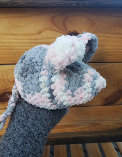 Crochet pink and grey mouse right side
