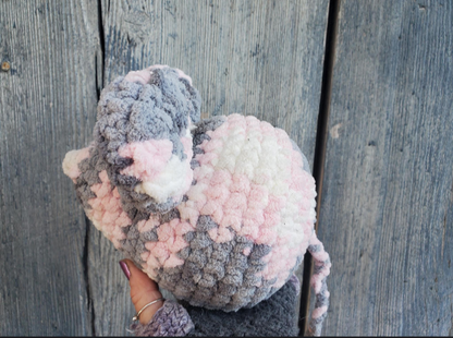 Crochet pink and grey mouse side view left
