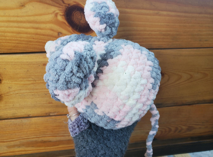 Crochet pink and grey mouse top view