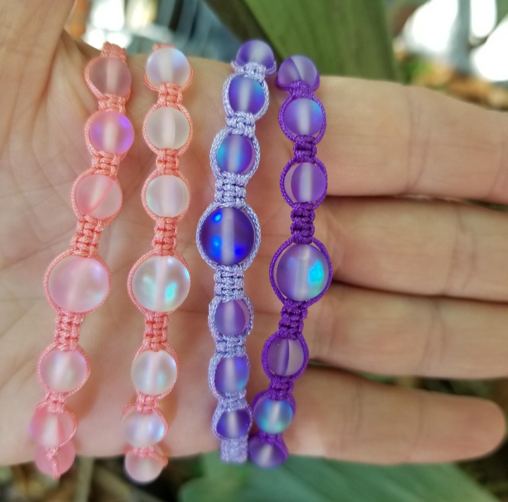 Pink glass pink cord, white glass pink cord, purple glass lavender cord, purple glass dark purple cord bracelets