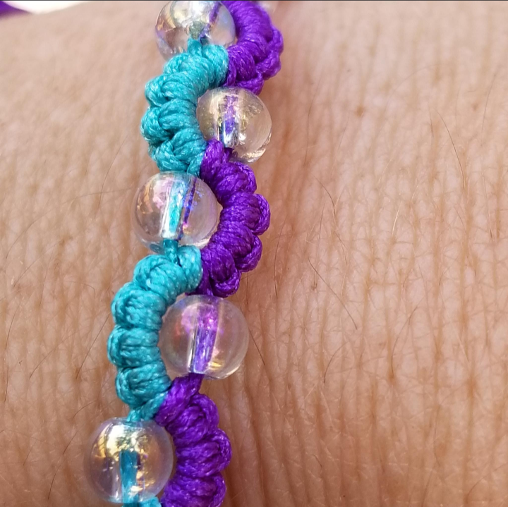Waterfall bracelet close up teal and purple with glass beads