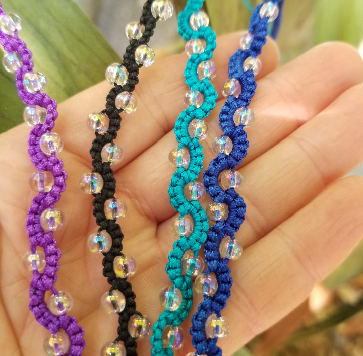 Waterfall bracelets in purple, black, teal and blue with glass beads